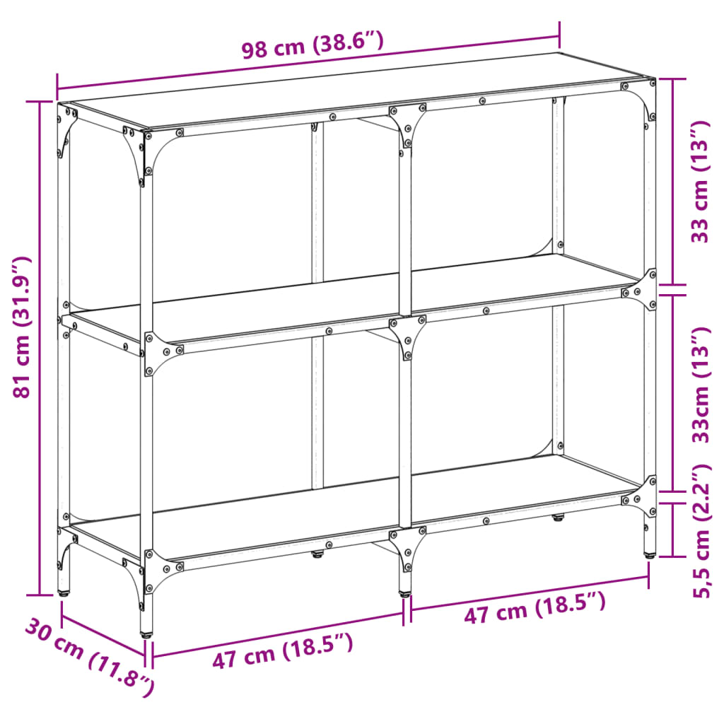 Table console avec dessus en verre transparent 98x30x81cm acier