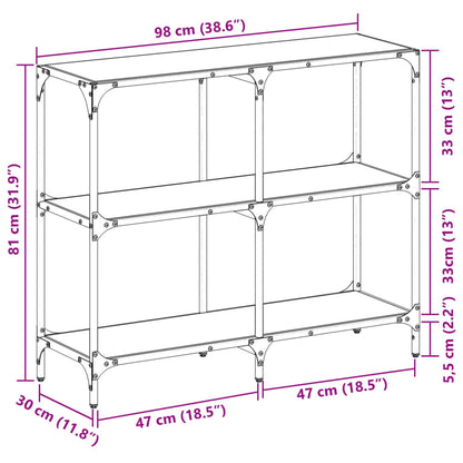 Table console avec dessus en verre noir 98x30x81 cm acier