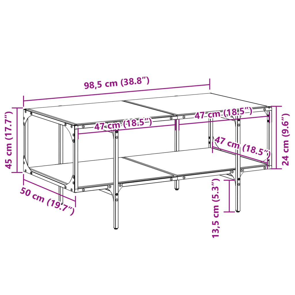 Table basse avec dessus en verre transparent 98,5x50x45cm acier