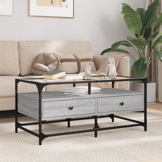 Table basse avec dessus en verre sonoma gris 98,5x50x45cm acier