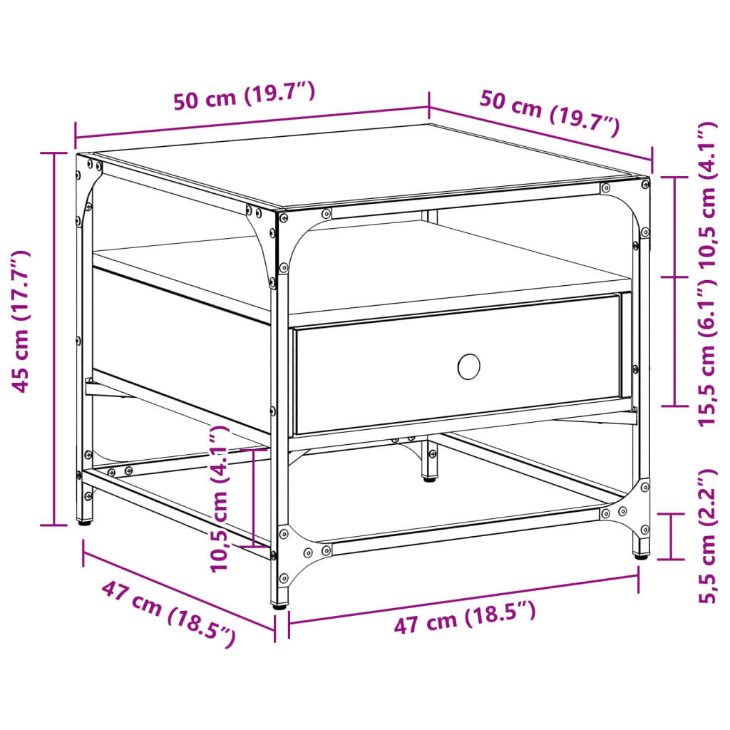 Table basse avec dessus en verre sonoma gris 50x50x45 acier