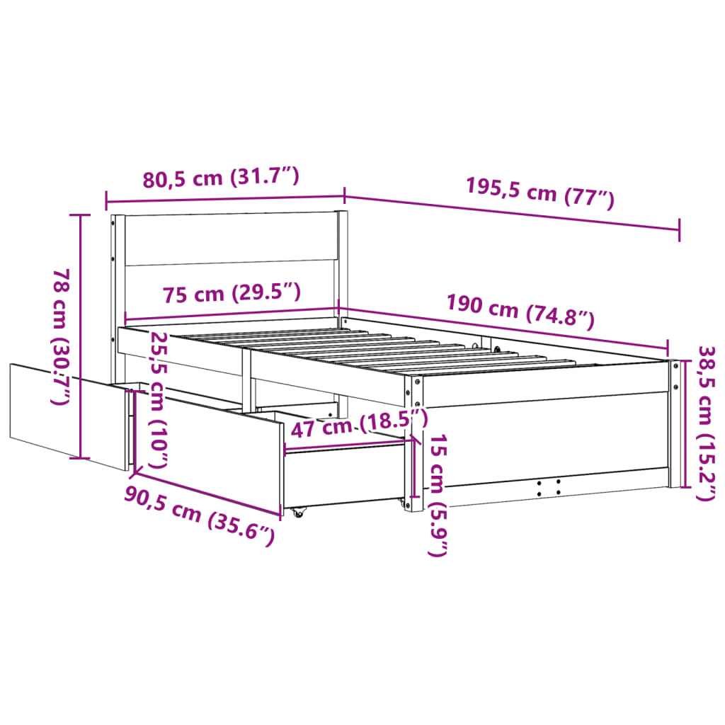 Cadre de lit sans matelas 75x190 cm bois de pin massif