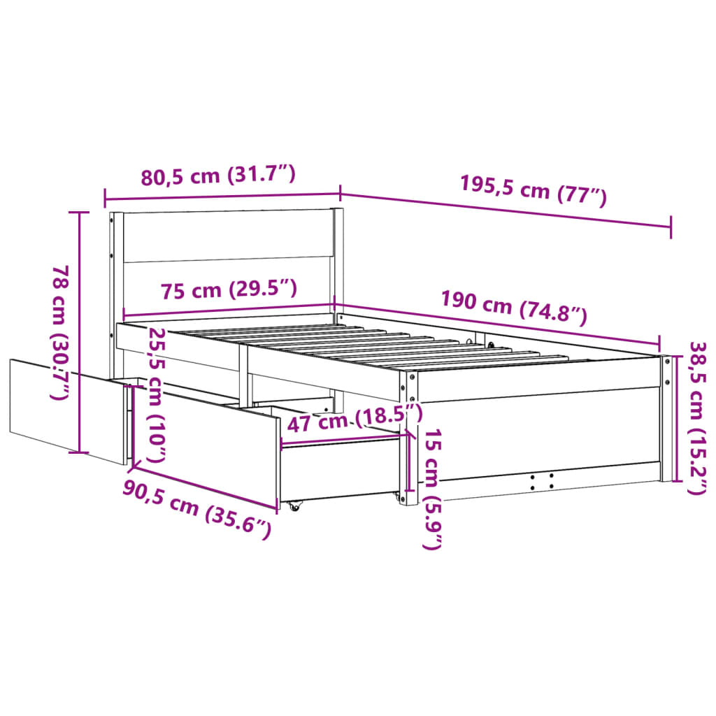 Cadre de lit sans matelas cire marron 75x190 cm bois pin massif