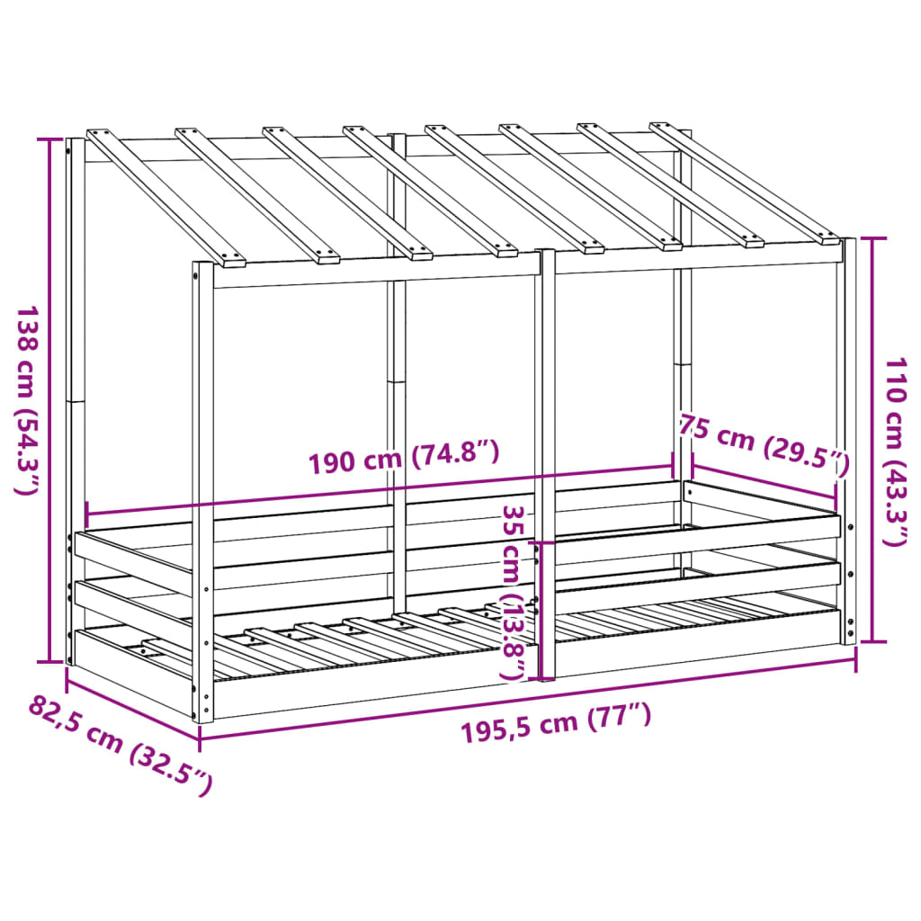 Lit pour enfants sans matelas 75x190 cm bois pin massif