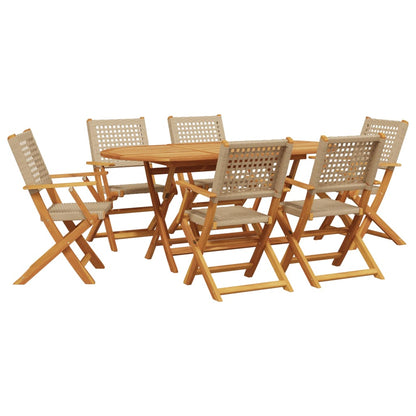 Ensemble à manger de jardin 7 pcs beige rotin et bois massif