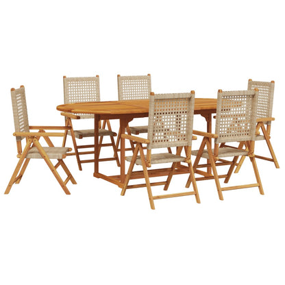 Ensemble à manger de jardin 7 pcs beige rotin et bois massif