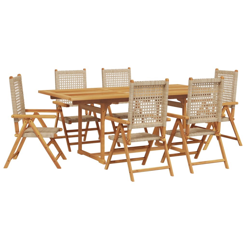 Ensemble à manger de jardin 7 pcs beige rotin et bois massif