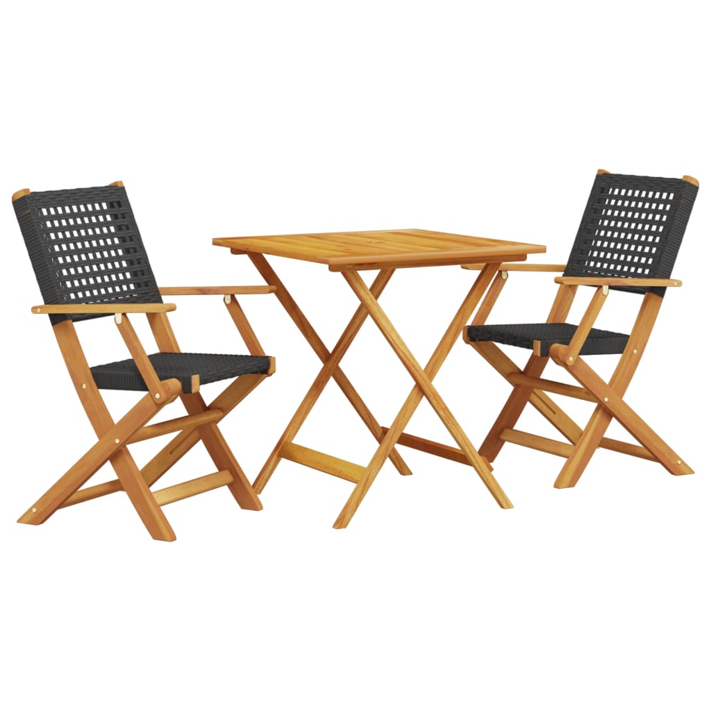 Ensemble de bistro 3 pcs noir résine tressée et bois massif