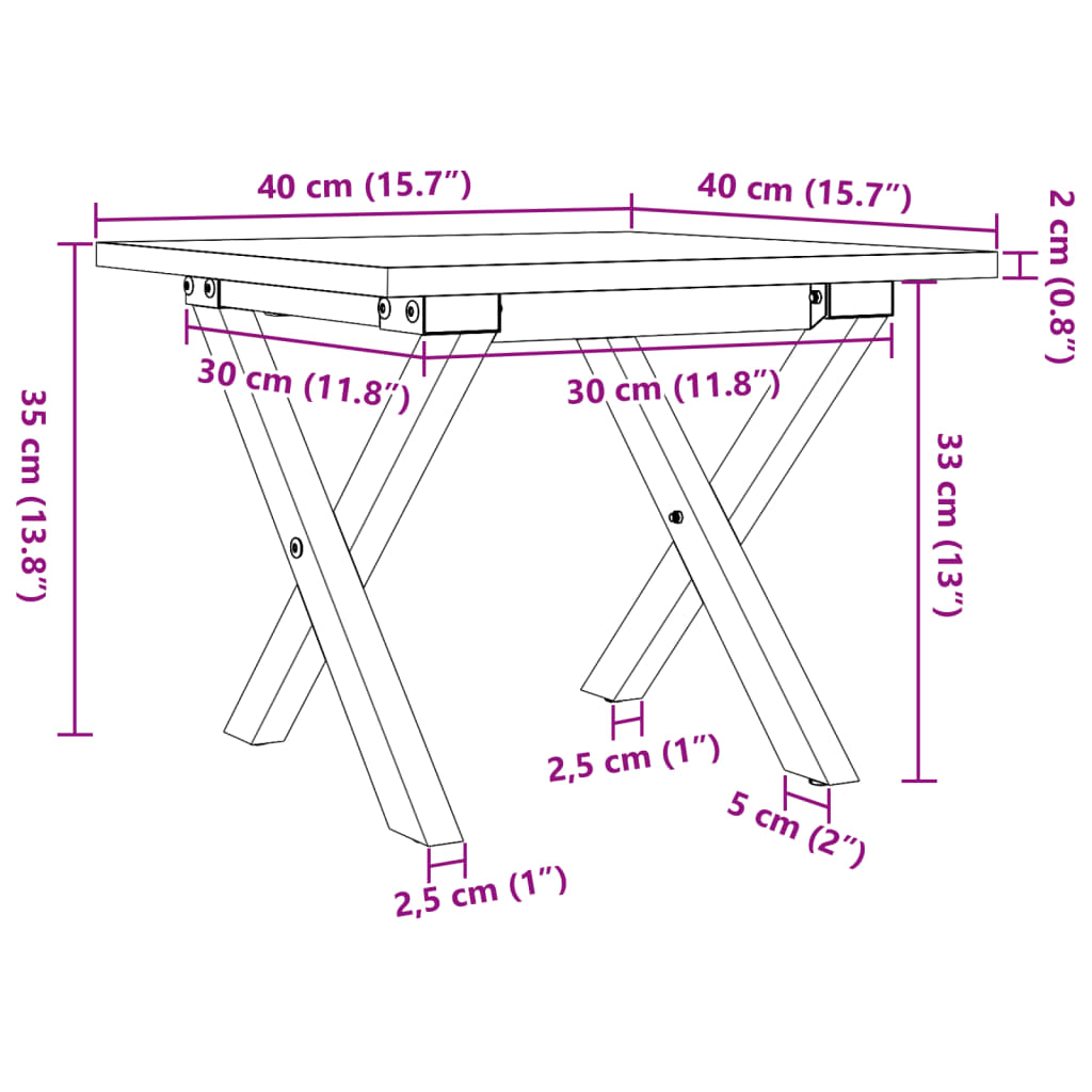 Table basse cadre en X 40x40x35 cm bois de pin massif et acier