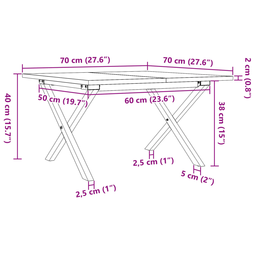 Table basse cadre en X 70x70x40 cm bois de pin massif et acier