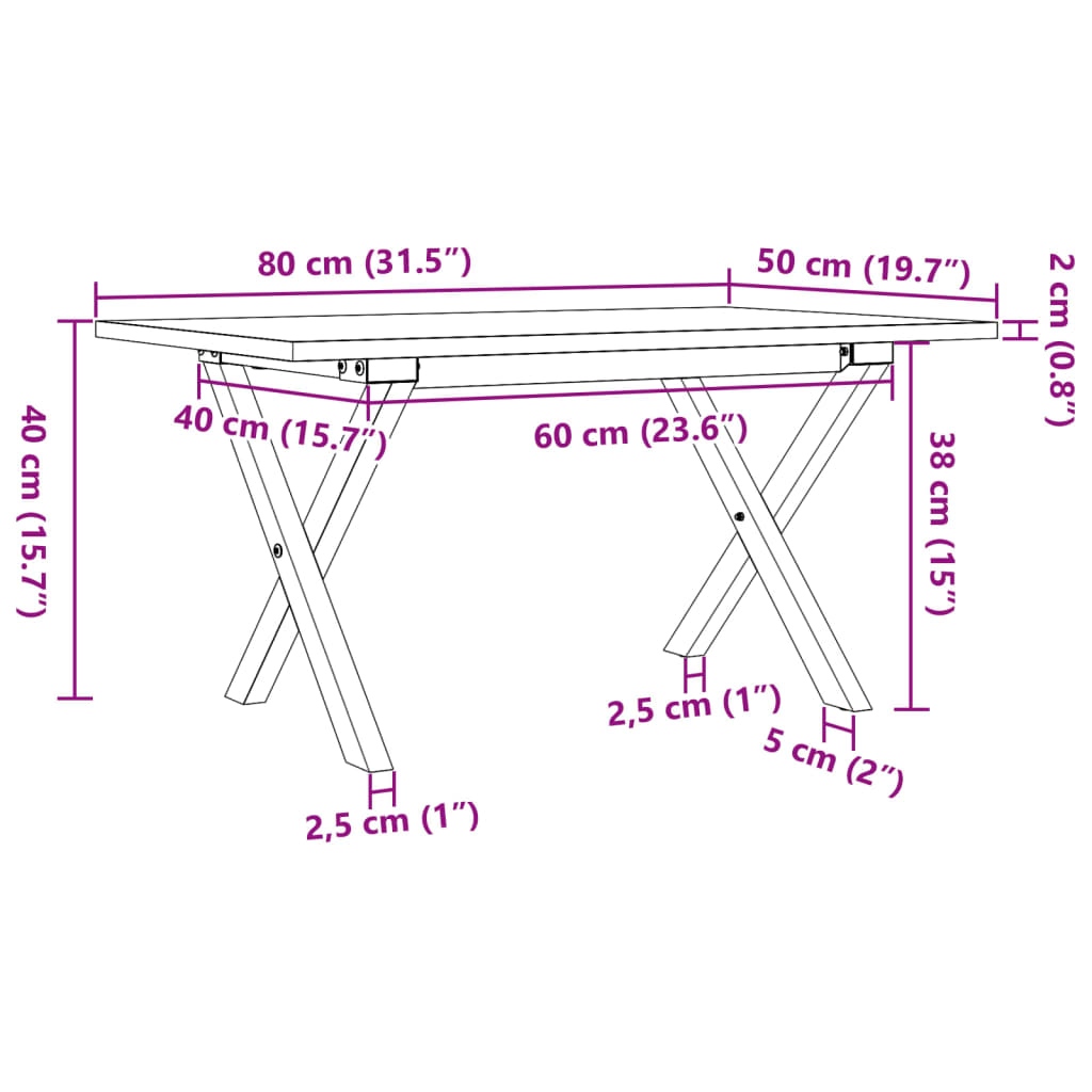 Table basse cadre en X 80x50x40 cm bois de pin massif et acier