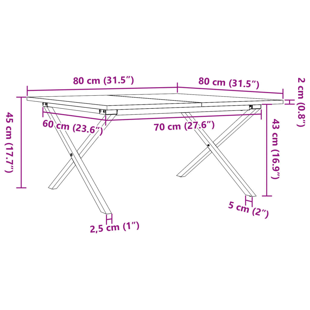 Table basse cadre en X 80x80x45 cm bois de pin massif et acier