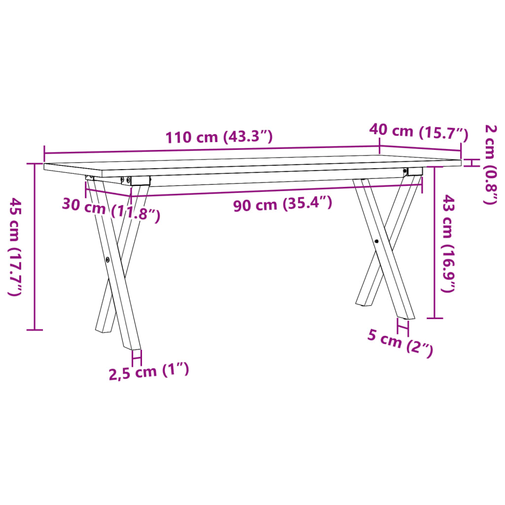 Table basse cadre en X 110x40x45 cm bois de pin massif et acier