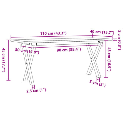 Table basse cadre en X 110x40x45 cm bois de pin massif et acier