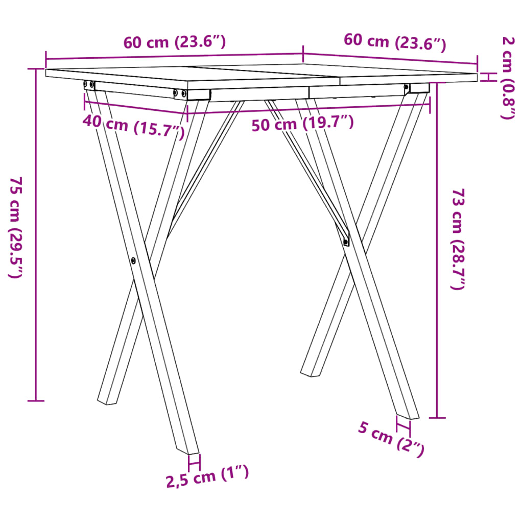 Table à manger cadre en X 60x60x75 cm bois de pin massif acier