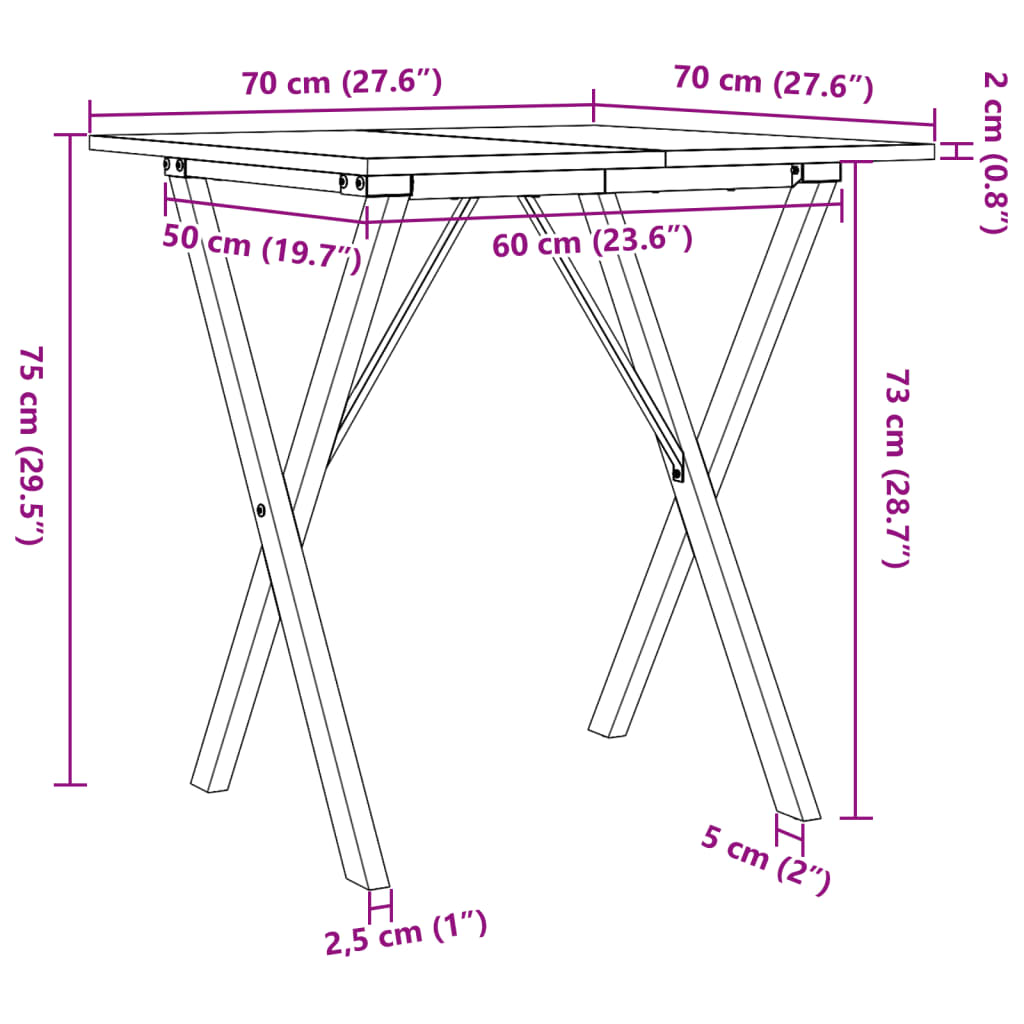 Table à manger cadre en X 70x70x75 cm bois de pin massif acier