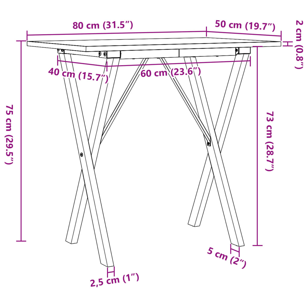 Table à manger cadre en X 80x50x75 cm bois de pin massif acier