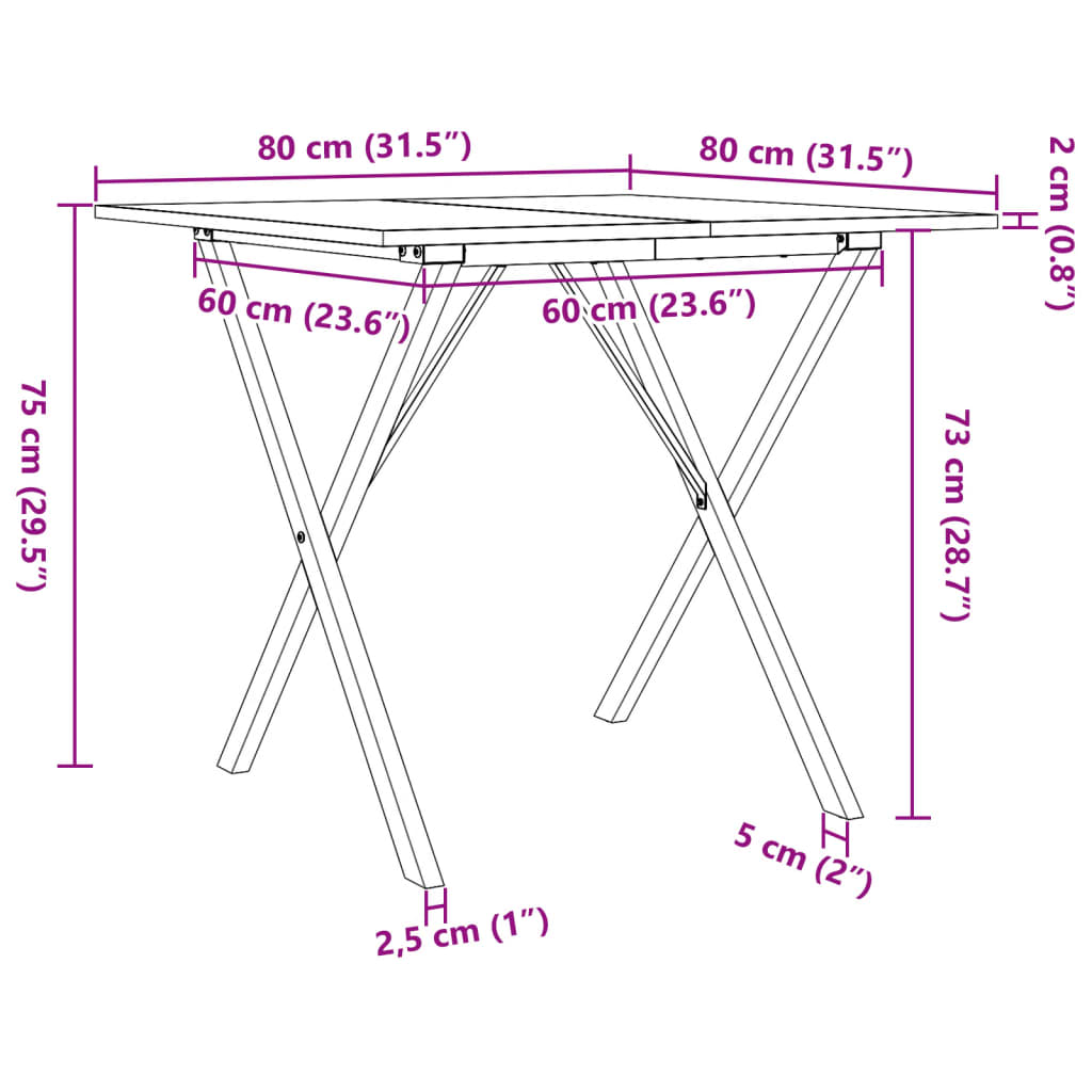 Table à manger cadre en X 80x80x75 cm bois de pin massif acier