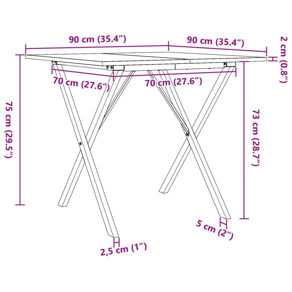 Table à manger cadre en X 90x90x75 cm bois de pin massif acier