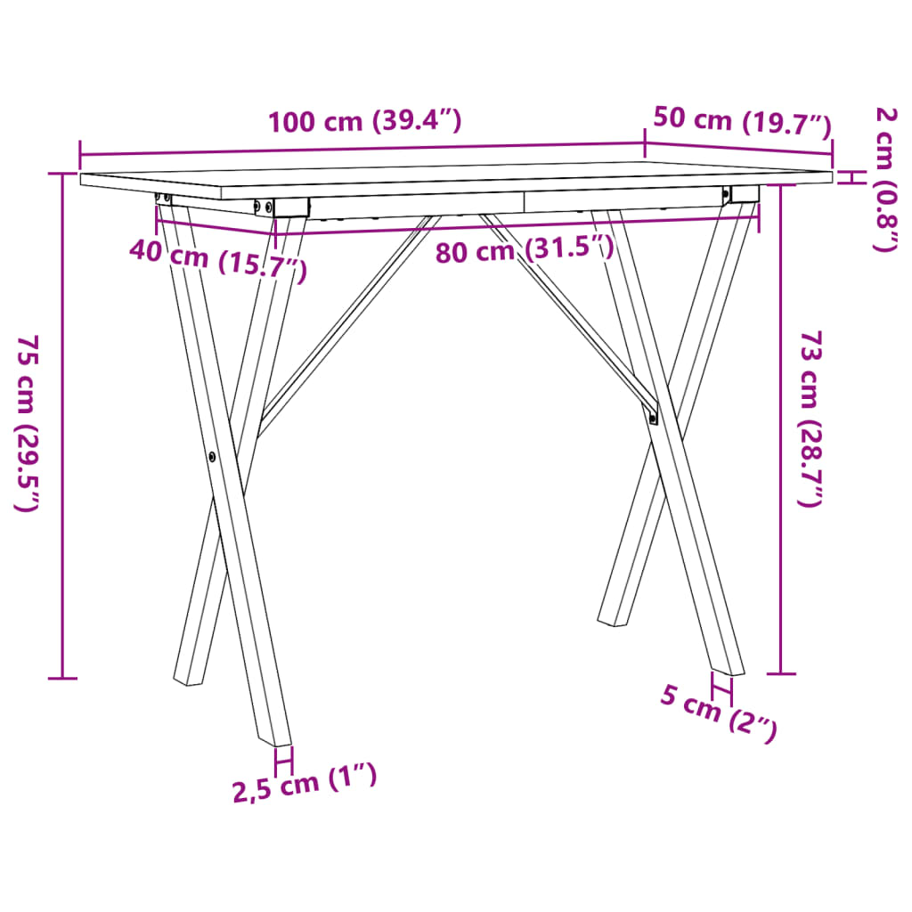 Table à manger cadre en X 100x50x75 cm bois de pin massif acier