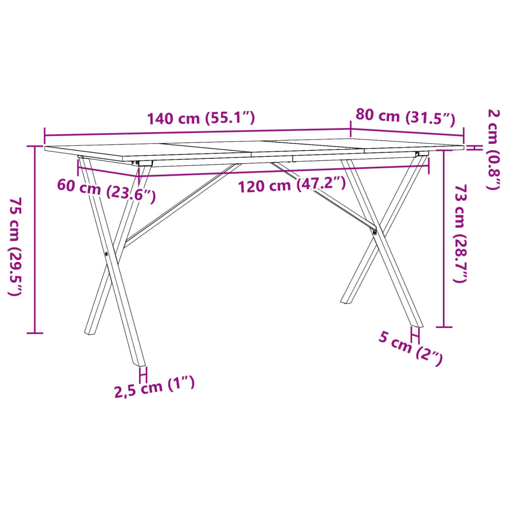 Table à manger cadre en X 140x80x75 cm bois de pin massif acier