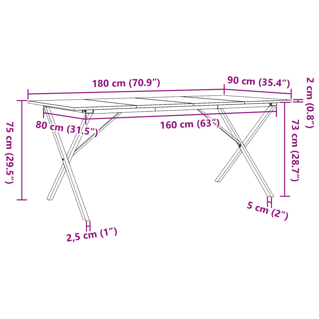 Table à manger cadre en X 180x90x75 cm bois de pin massif acier