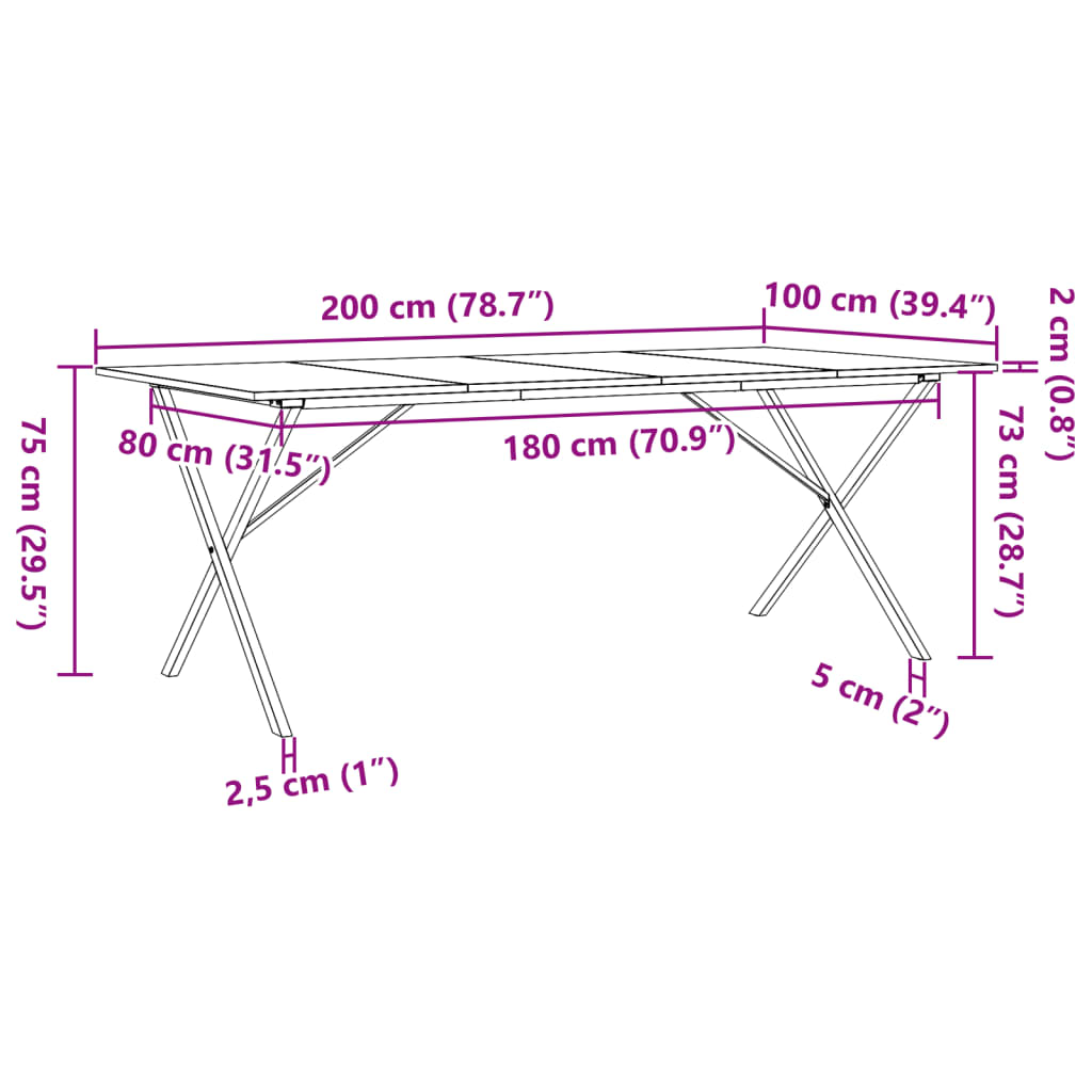 Table à manger cadre en X 200x100x75cm bois de pin massif acier