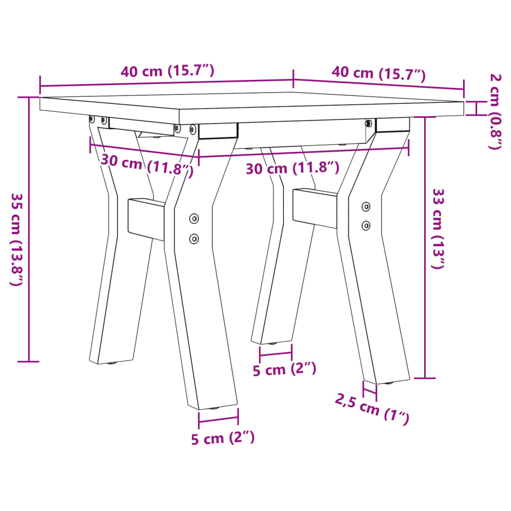 Table basse cadre en Y 40x40x35 cm bois de pin massif et acier
