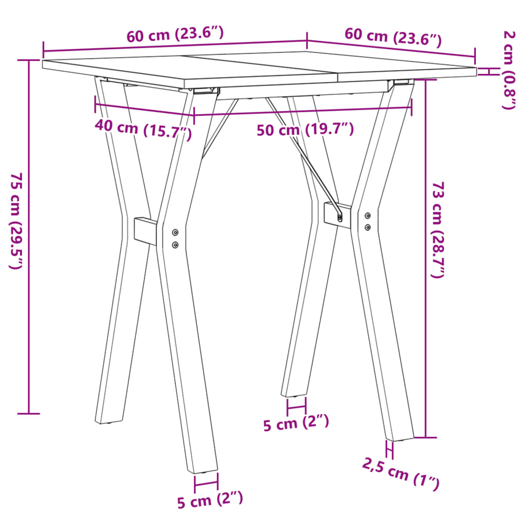 Table à manger cadre en Y 60x60x75 cm bois de pin massif acier