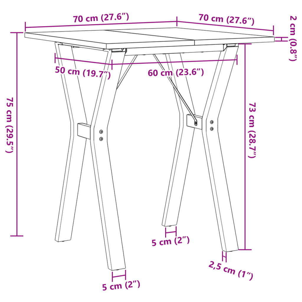 Table à manger cadre en Y 70x70x75 cm bois de pin massif acier