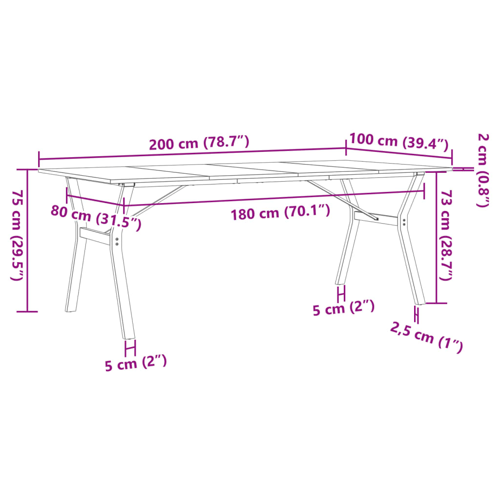 Table à manger cadre en Y 200x100x75cm bois de pin massif acier