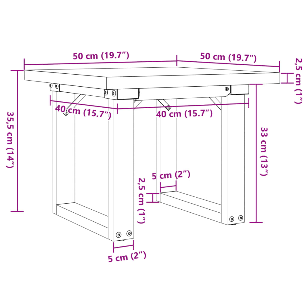 Table basse cadre en O 50x50x35,5cm bois de pin massif et acier