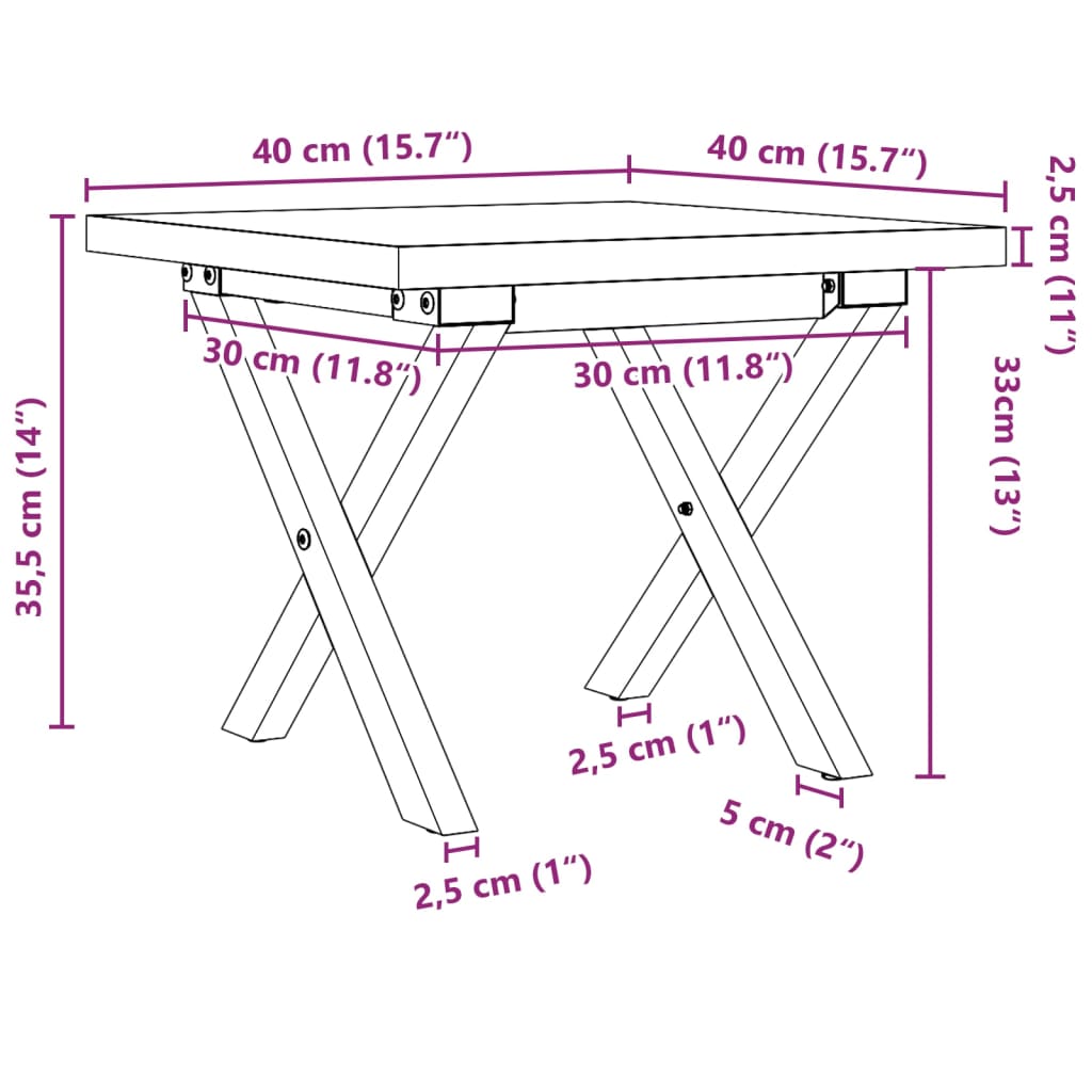 Table basse cadre en X 40x40x35,5cm bois de pin massif et acier