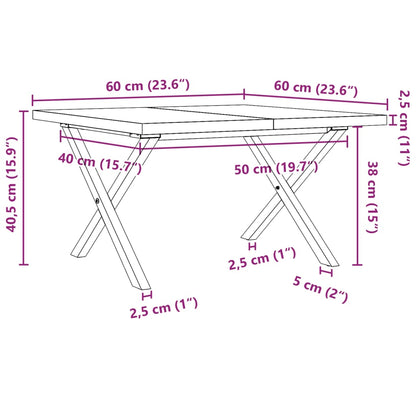 Table basse cadre en X 60x60x40,5cm bois de pin massif et acier