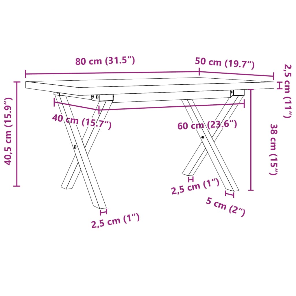 Table basse cadre en X 80x50x40,5cm bois de pin massif et acier