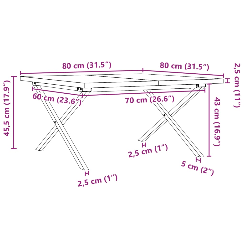 Table basse cadre en X 80x80x45,5cm bois de pin massif et acier