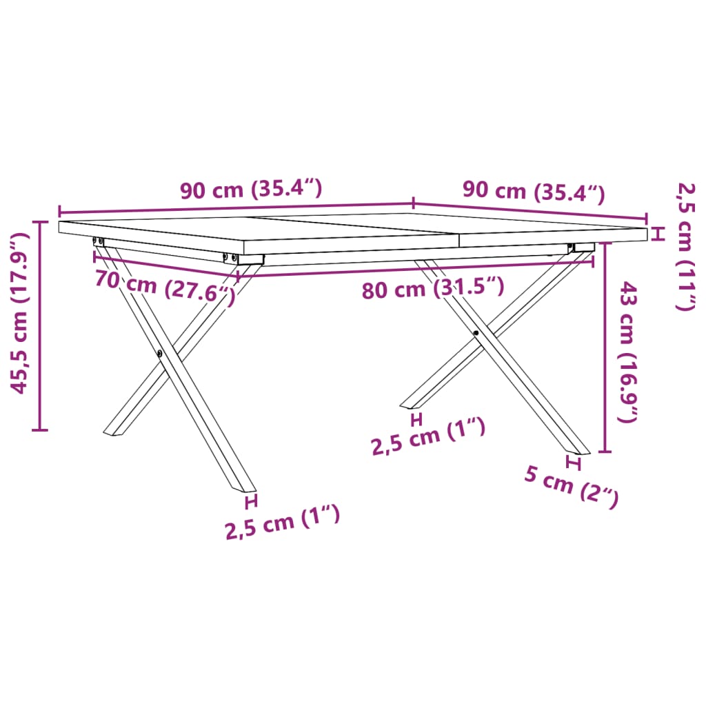 Table basse cadre en X 90x90x45,5cm bois de pin massif et acier