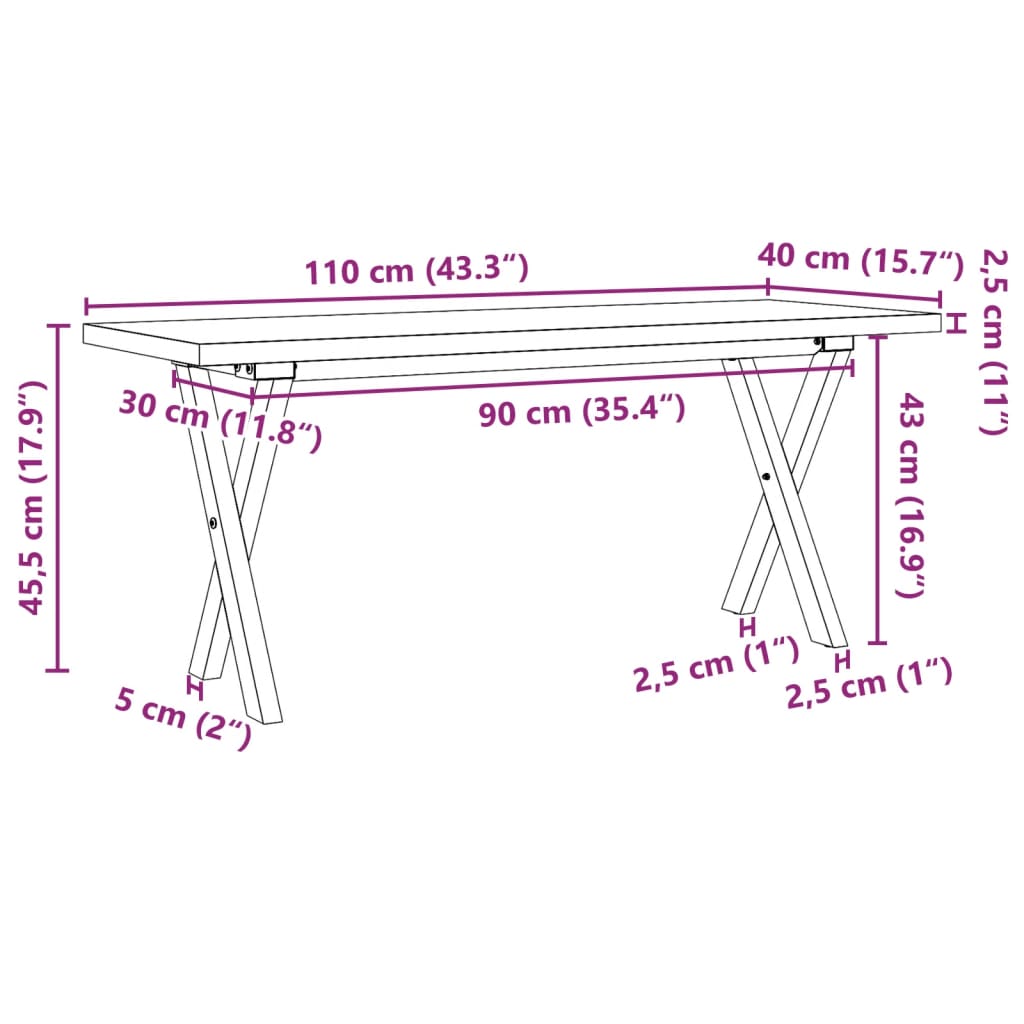 Table basse cadre en X 110x40x45,5 cm bois de pin massif acier