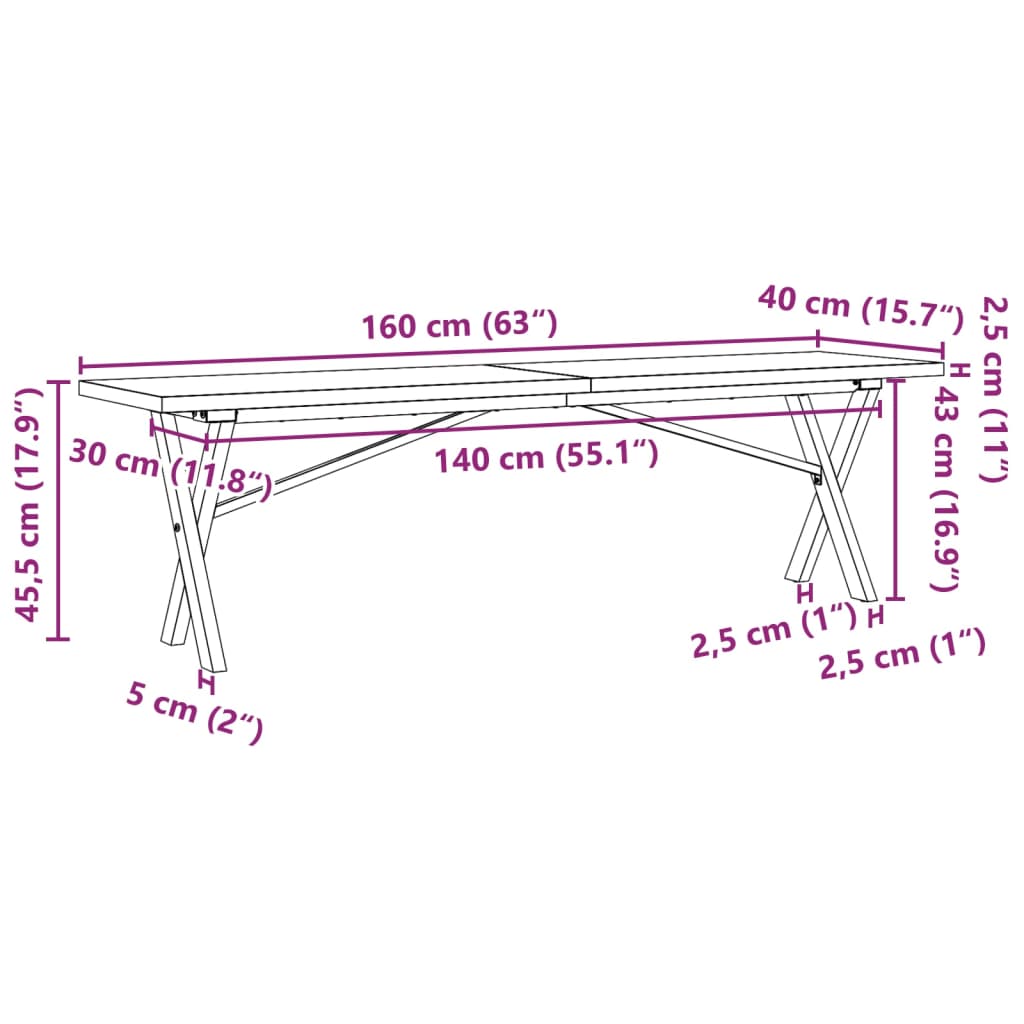 Table basse cadre en X 160x40x45,5 cm bois de pin massif acier