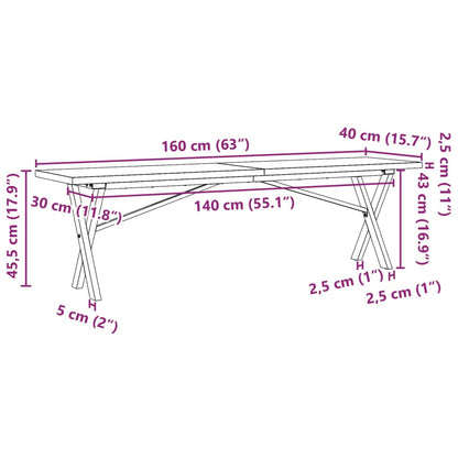 Table basse cadre en X 160x40x45,5 cm bois de pin massif acier