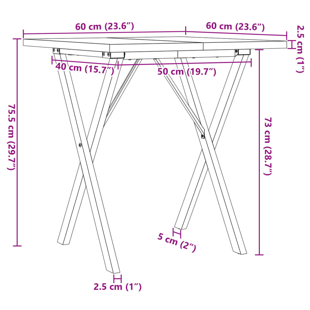 Table à manger cadre en X 60x60x75,5cm bois de pin massif acier