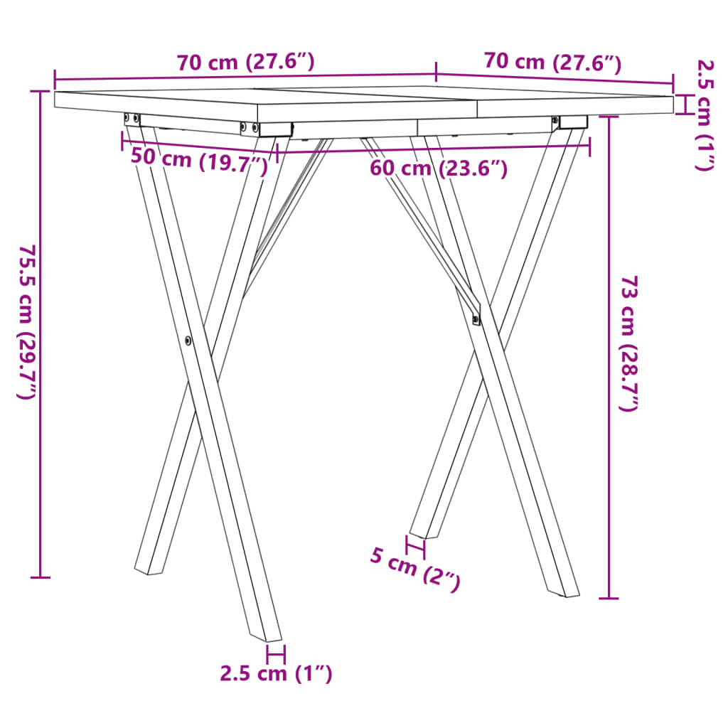 Table à manger cadre en X 70x70x75,5cm bois de pin massif acier