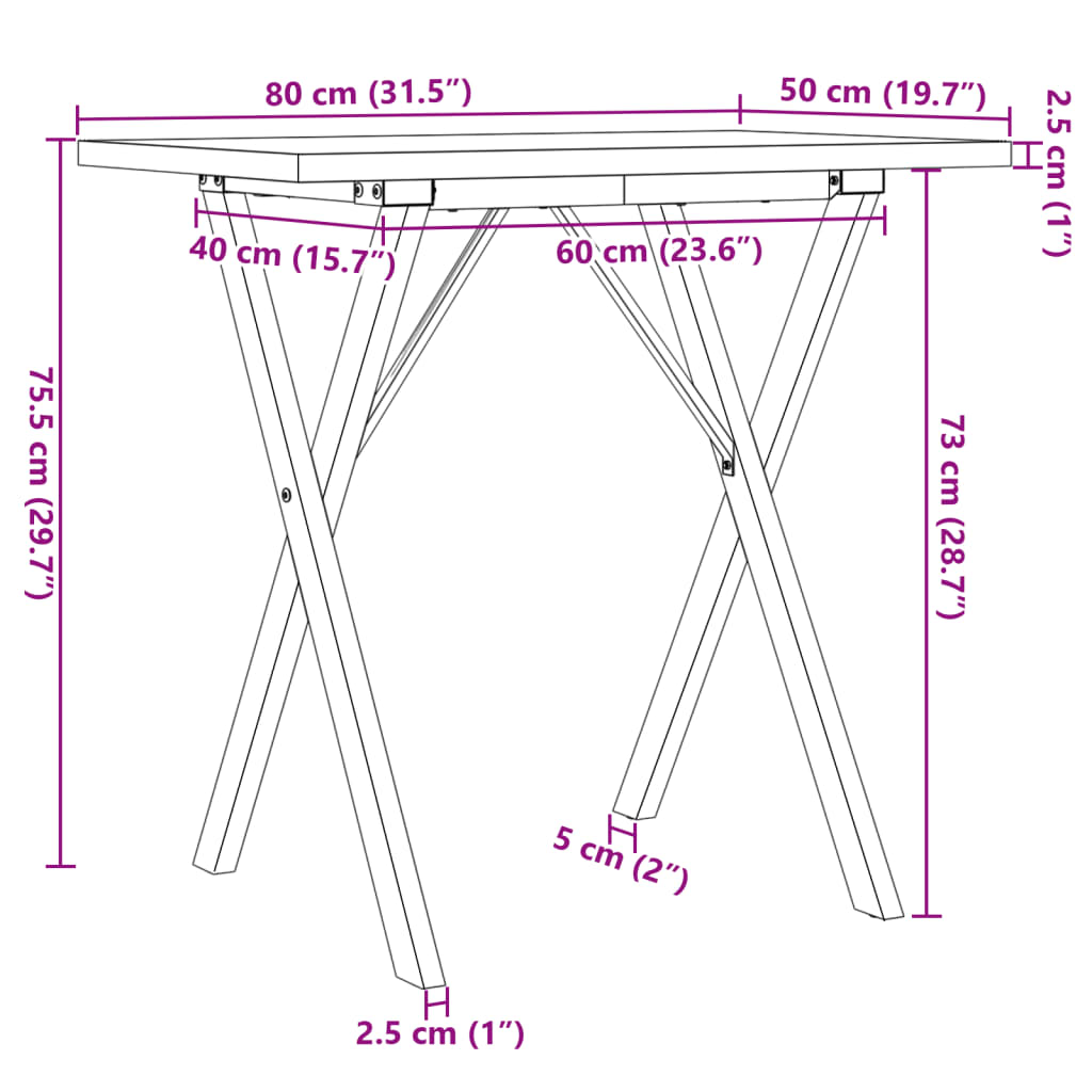 Table à manger cadre en X 80x50x75,5cm bois de pin massif acier