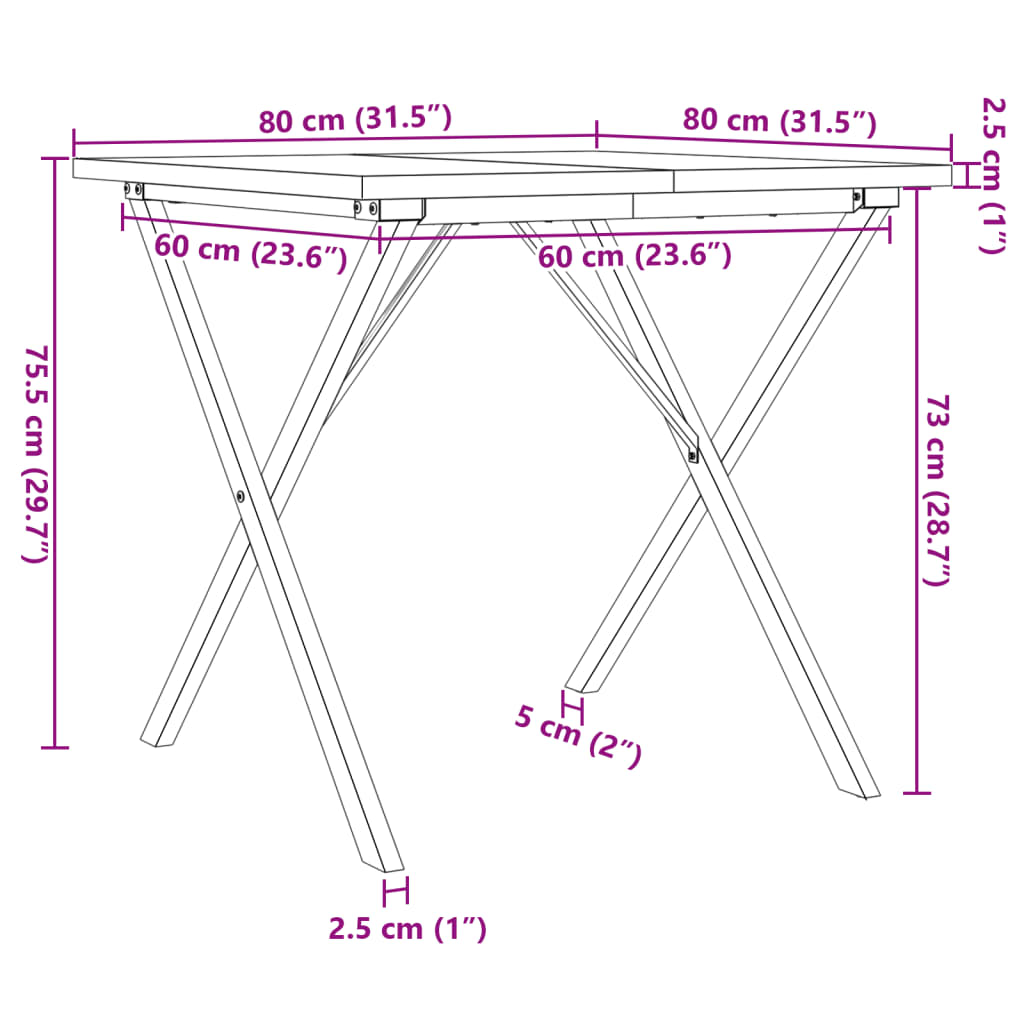 Table à manger cadre en X 80x80x75,5cm bois de pin massif acier