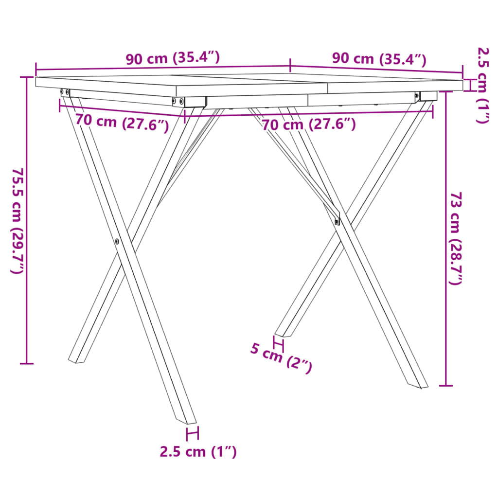 Table à manger cadre en X 90x90x75,5cm bois de pin massif acier