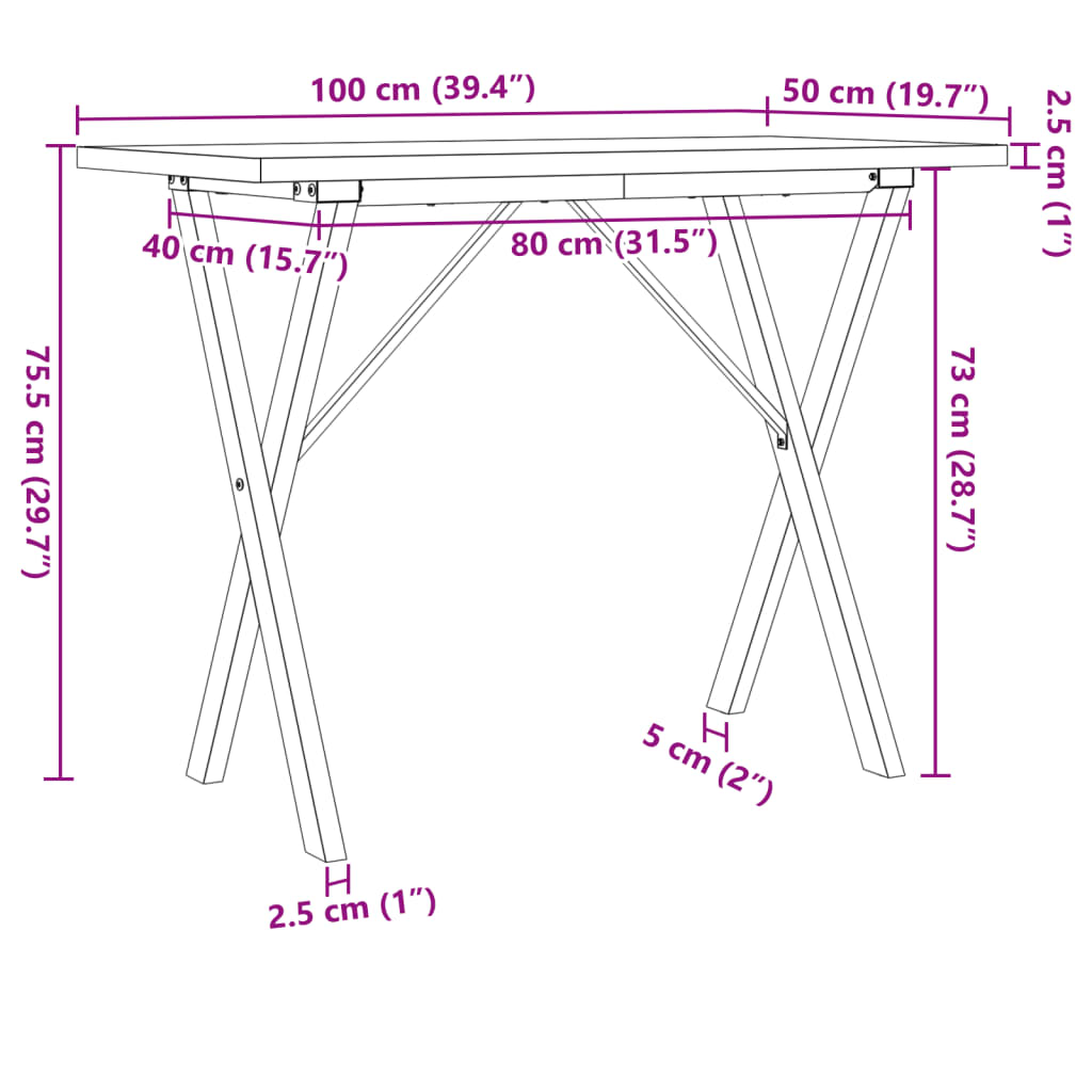 Table à manger cadre en X 100x50x75,5 cm bois pin massif acier