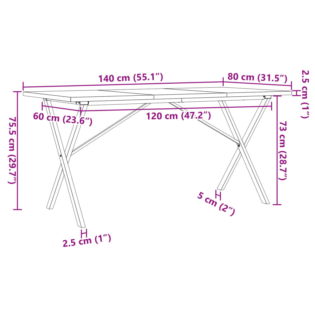 Table à manger cadre en X 140x80x75,5 cm bois pin massif acier