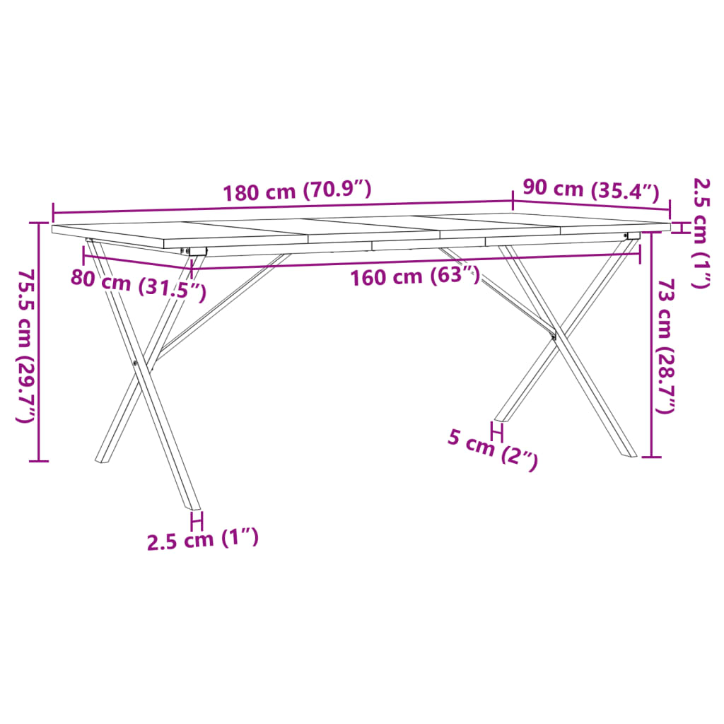 Table à manger cadre en X 180x90x75,5 cm bois pin massif acier