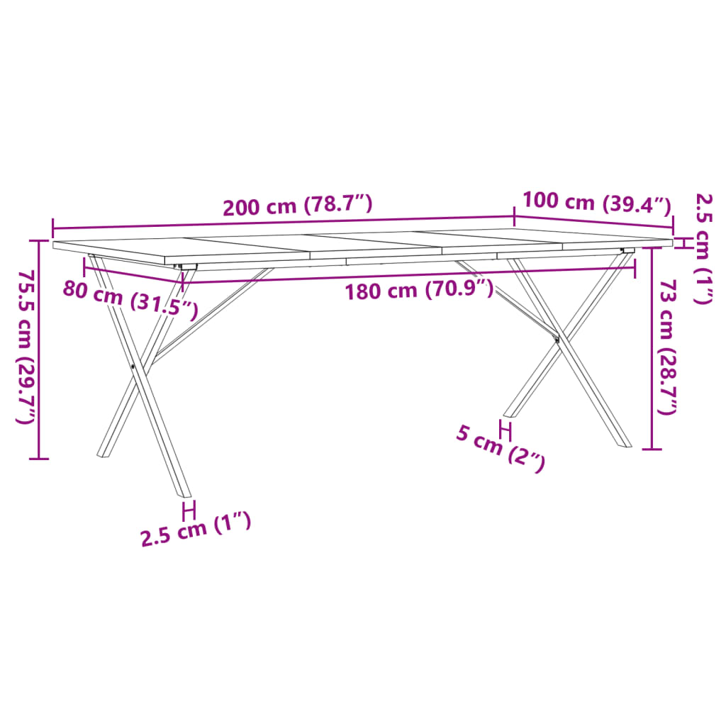 Table à manger cadre en X 200x100x75,5 cm bois pin massif acier