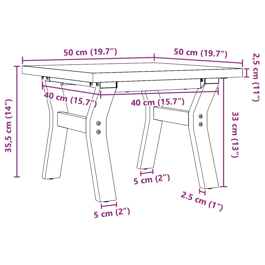 Table basse cadre en Y 50x50x35,5cm bois de pin massif et acier